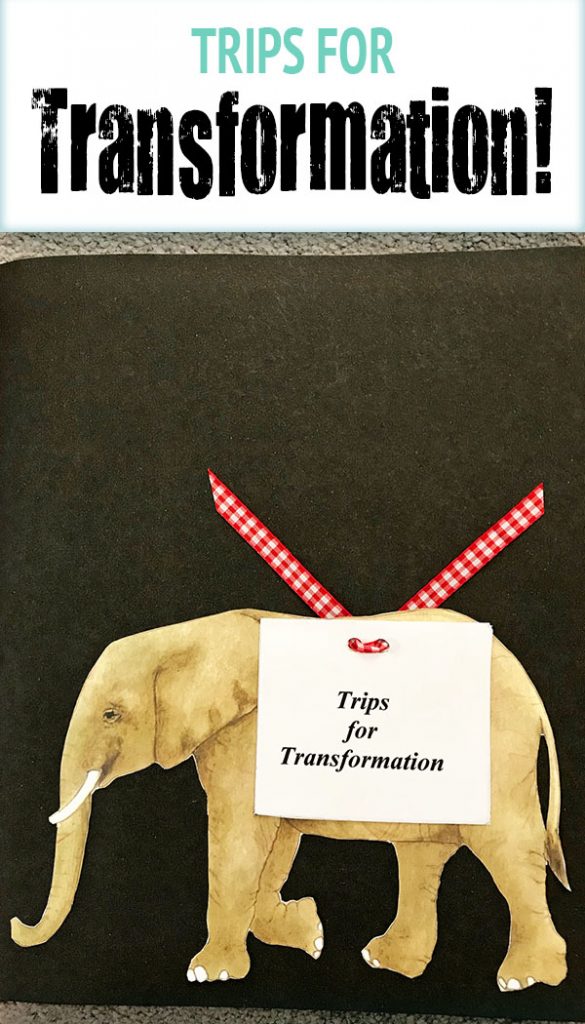 Trips for transformation text with hand painted elephant card.