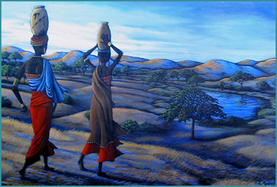 Water Bearers by Artist Sherry Lawler Sparks - african women carry water vessels to water hole during sunrise in africa.