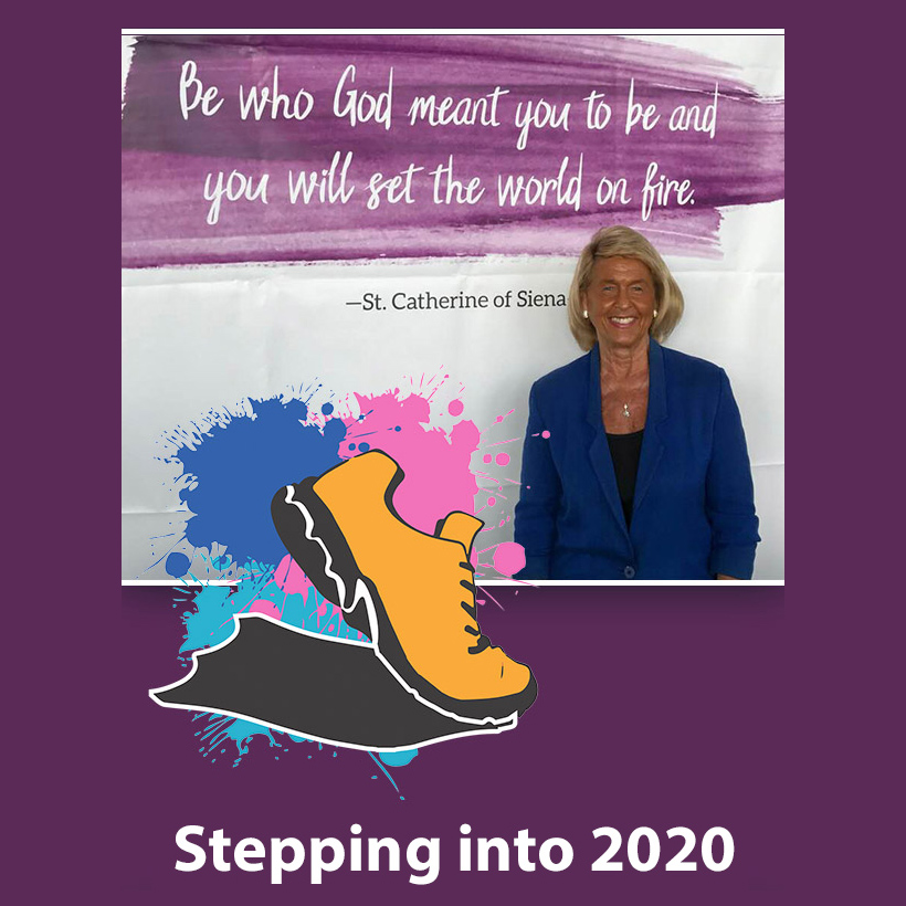 Anastasia against purple background with sneakers and the words Stepping into 2020 in white