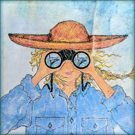 Watercolor of a woman in a hat looking through binoculars. 