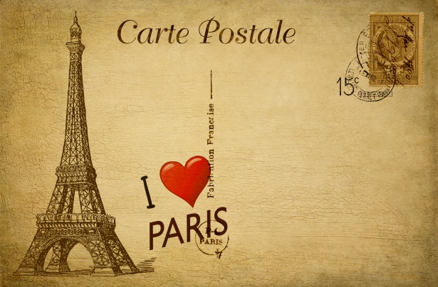 Vintage postcard with drawing of the Eiffel Tower and an I heart Paris.
