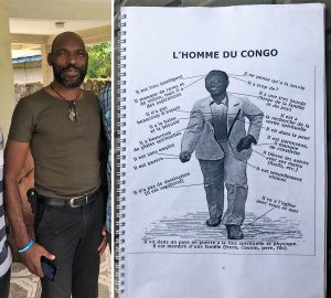 Rah on left, who runs the biblically based program. Onthe right an illustration from the book of a  Man of the Congo with French descriptions.