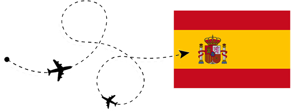 Cartoon plane flying towards the Flag of Spain.